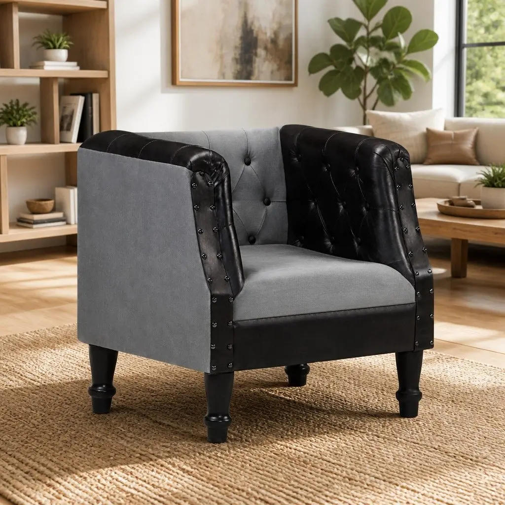 Black Leather Tub Chair for Living Room with Solid Mango Wood Legs
