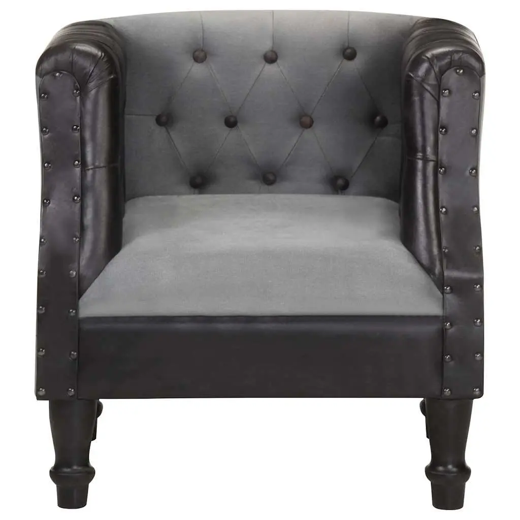 Black Leather Tub Chair for Living Room with Solid Mango Wood Legs