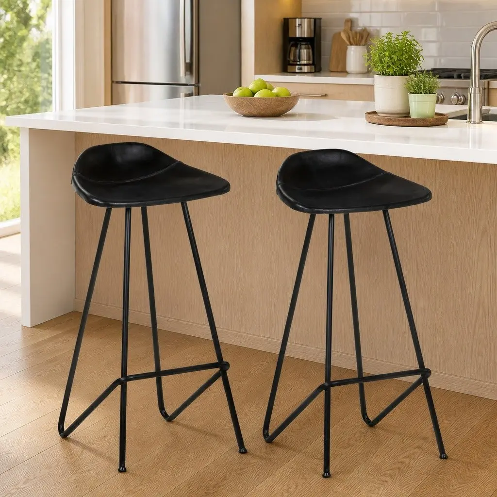 Bar Stools Kitchen Dining 2 pcs Black Leather Seat Iron Frame Industrial Style