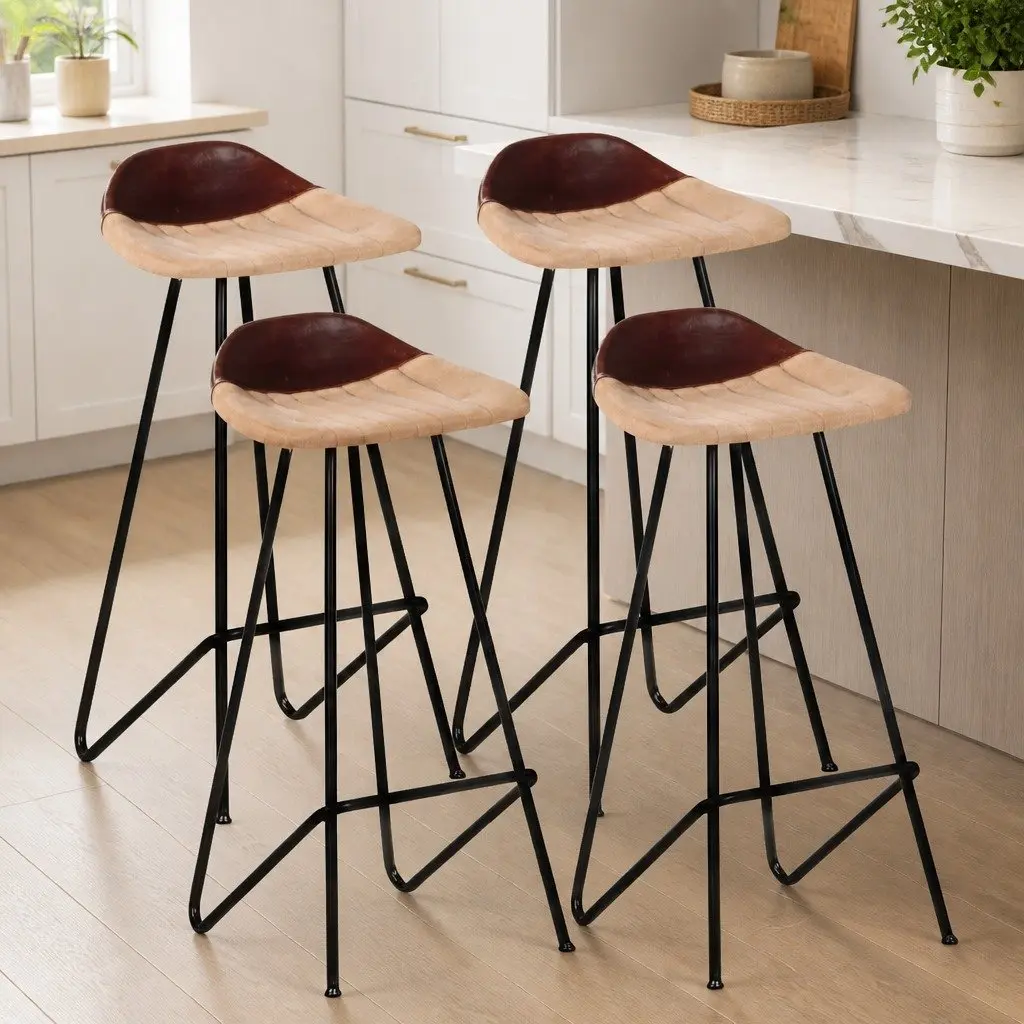 4-Piece Bar Stools Set in Brown Leather