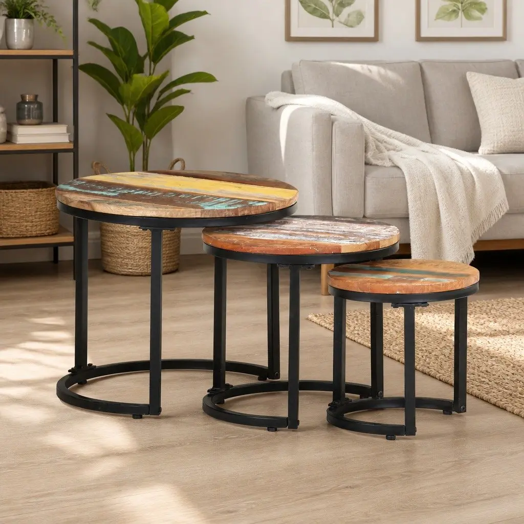 Reclaimed Wood Side Tables 3 Piece Set Industrial Home Decor