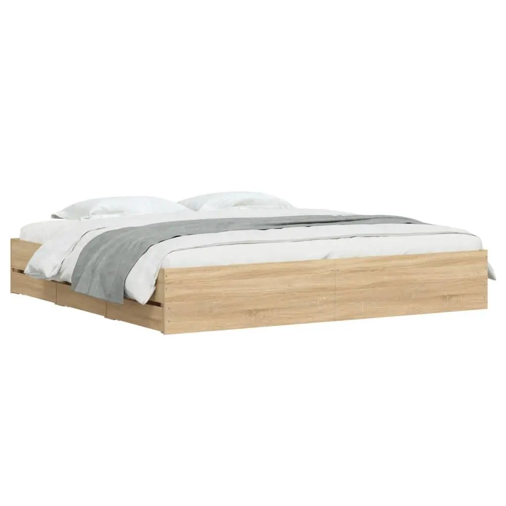King Bed Frame with Storage Drawers Slatted Base Sonoma Oak Brown 183x203cm