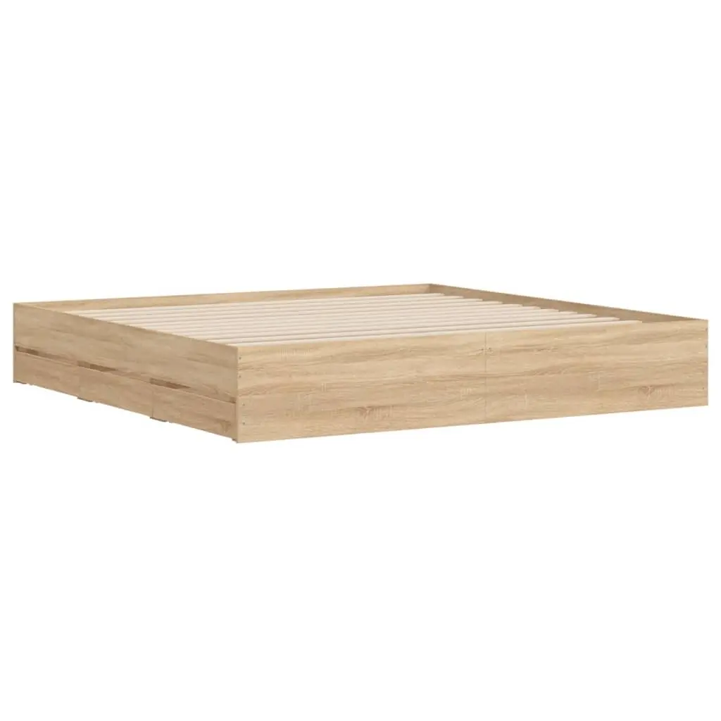 King Bed Frame with Storage Drawers Slatted Base Sonoma Oak Brown 183x203cm