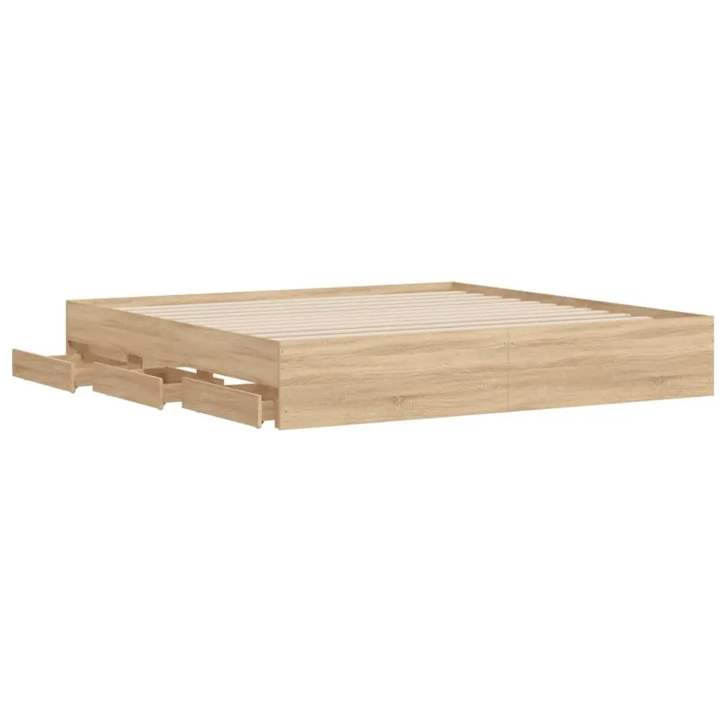 King Bed Frame with Storage Drawers Slatted Base Sonoma Oak Brown 183x203cm