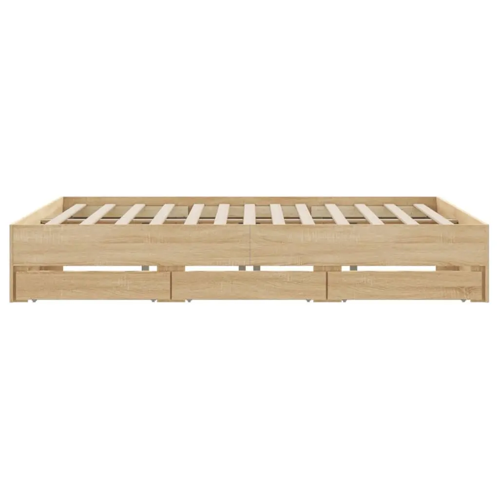 King Bed Frame with Storage Drawers Slatted Base Sonoma Oak Brown 183x203cm