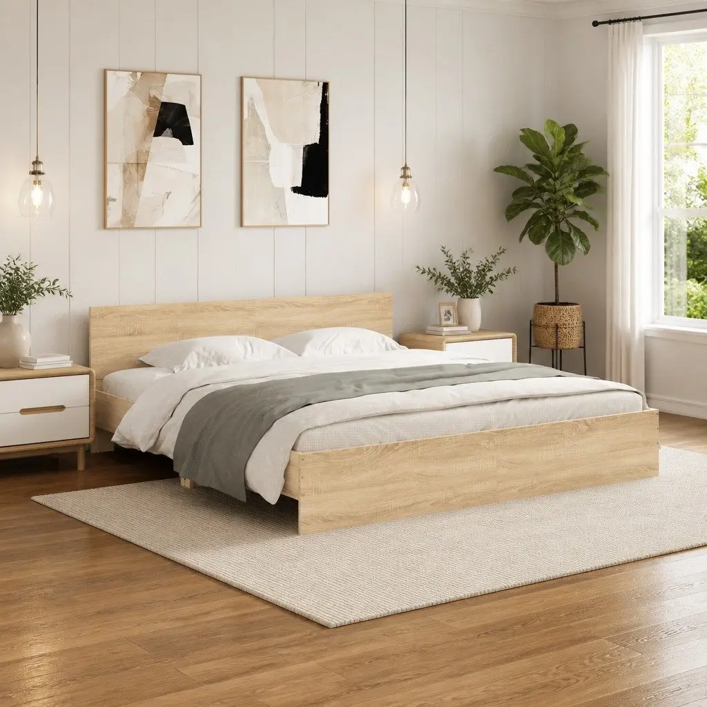 King Bed Frame for Bedroom 183 x 203 cm Sonoma Oak Brown Engineered Wood Slatted Base