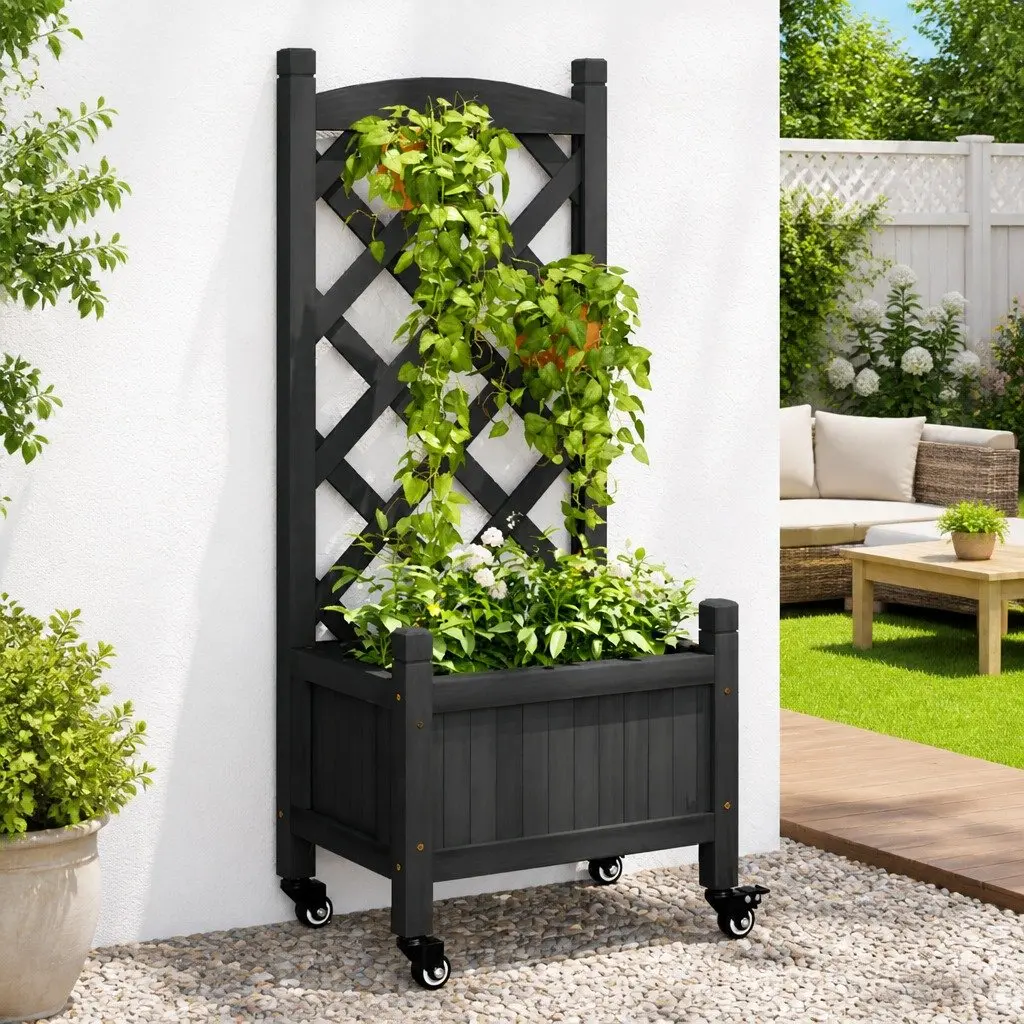 Wooden Planter with Trellis for Garden Outdoor Climbing Plants Black Size