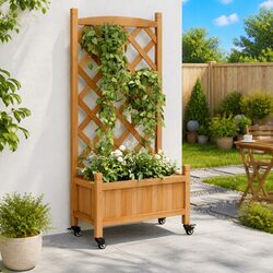 Wooden Planter Details: Solid Fir, Integrated Trellis, Mobility Wheels