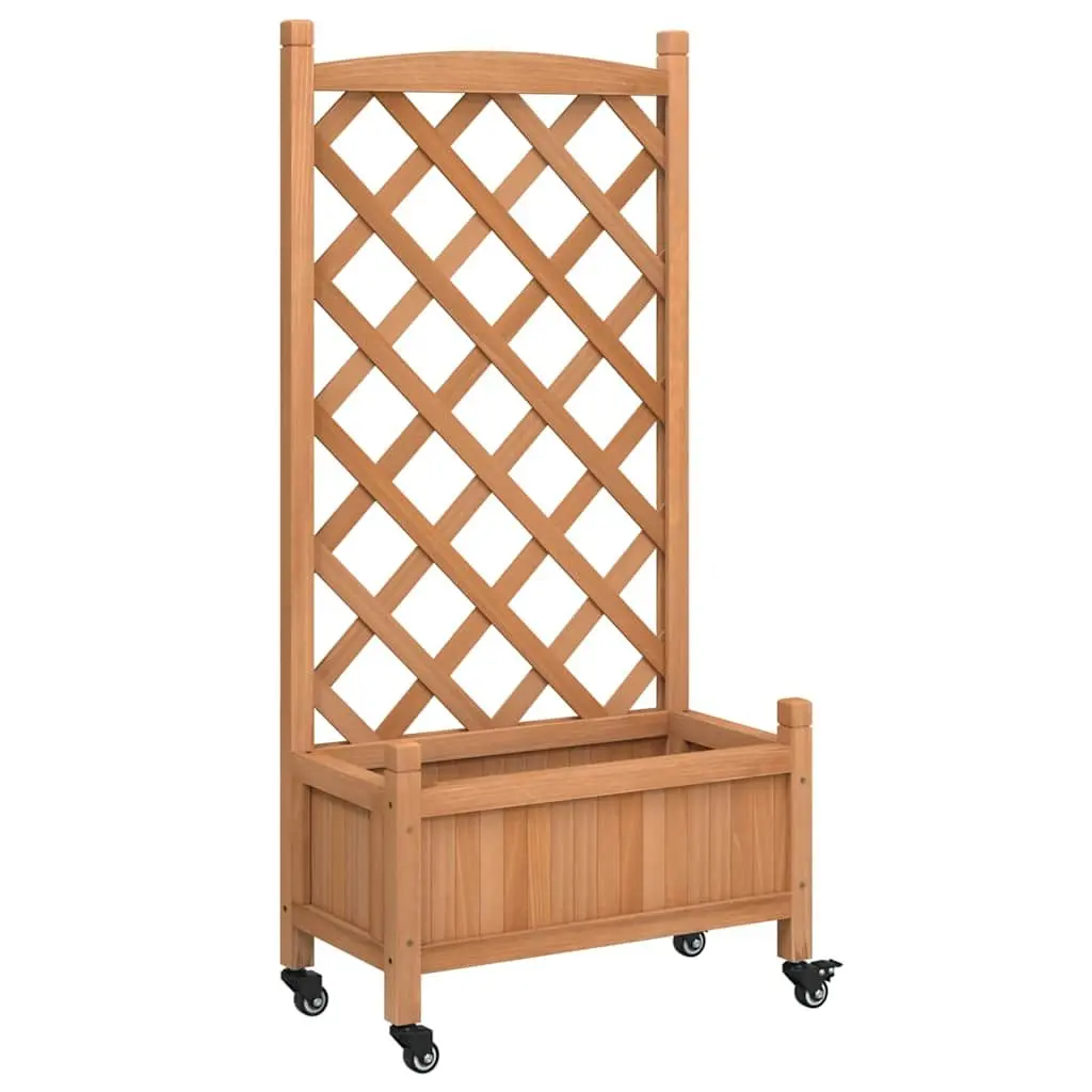 Wooden Planter with Trellis and Wheels Brown Fir Garden Climbing Plants Patio