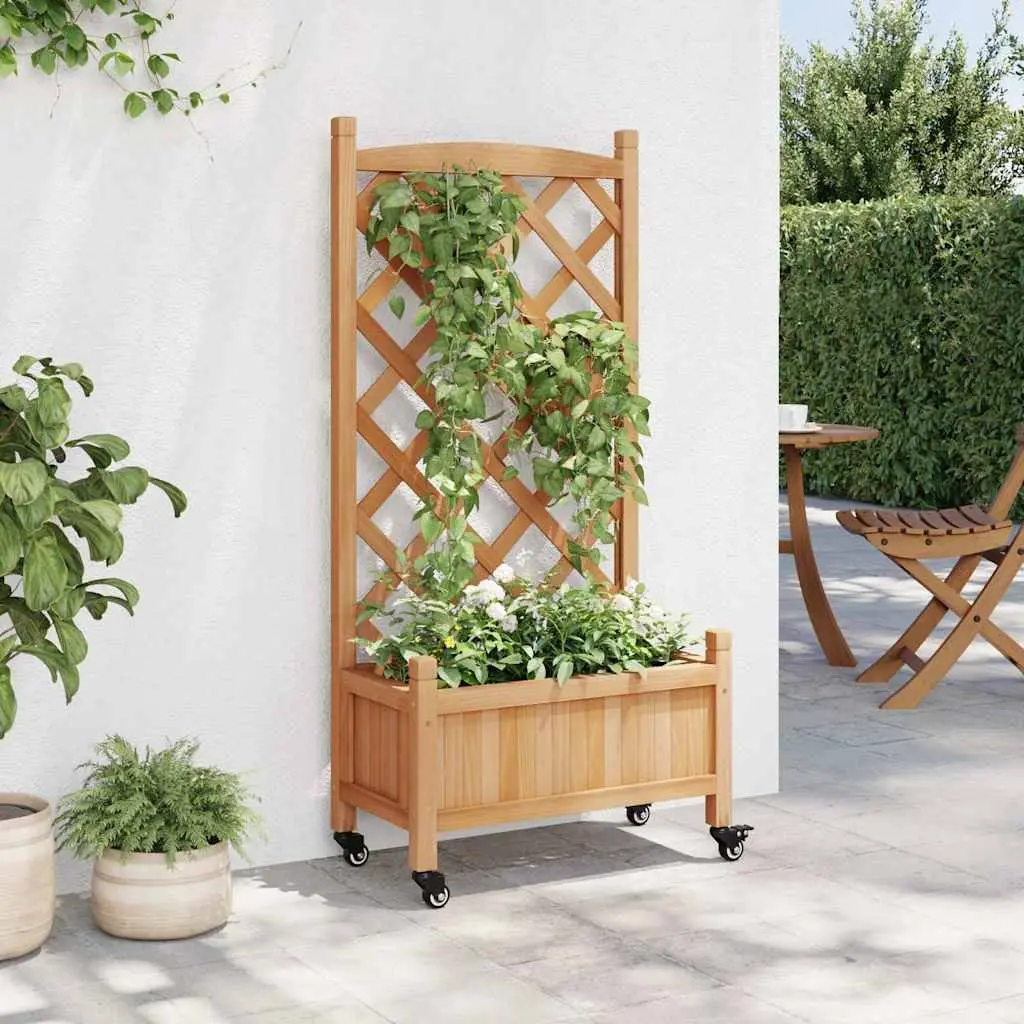 Wooden Planter with Trellis and Wheels Brown Fir Garden Climbing Plants Patio