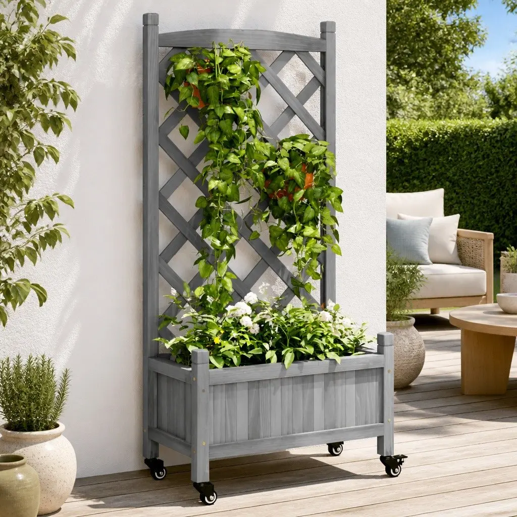 Wooden Garden Planter with Trellis for Climbing Plants Grey Fir Size