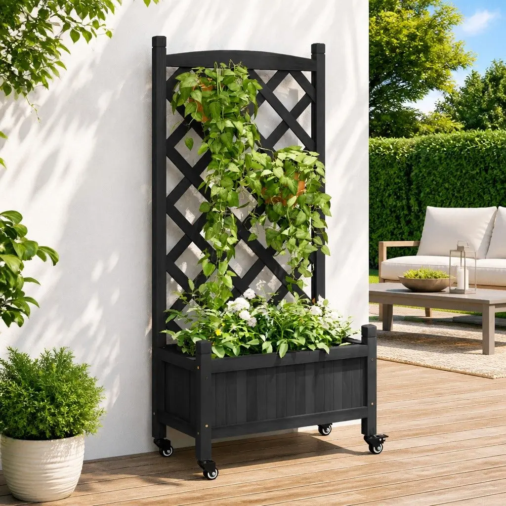 Wooden Planter with Trellis for Garden Patio Black