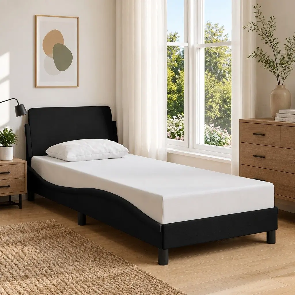 90x190 cm Bed Frame with Black Fabric Headboard and Slats