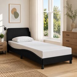 90x190 cm Bed Frame with Black Fabric Headboard and Slats