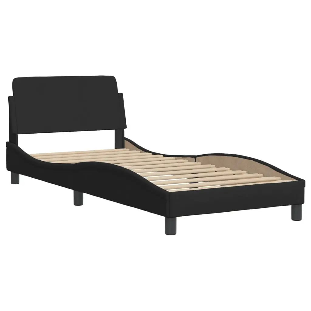 90x190 cm Bed Frame with Black Fabric Headboard and Slats