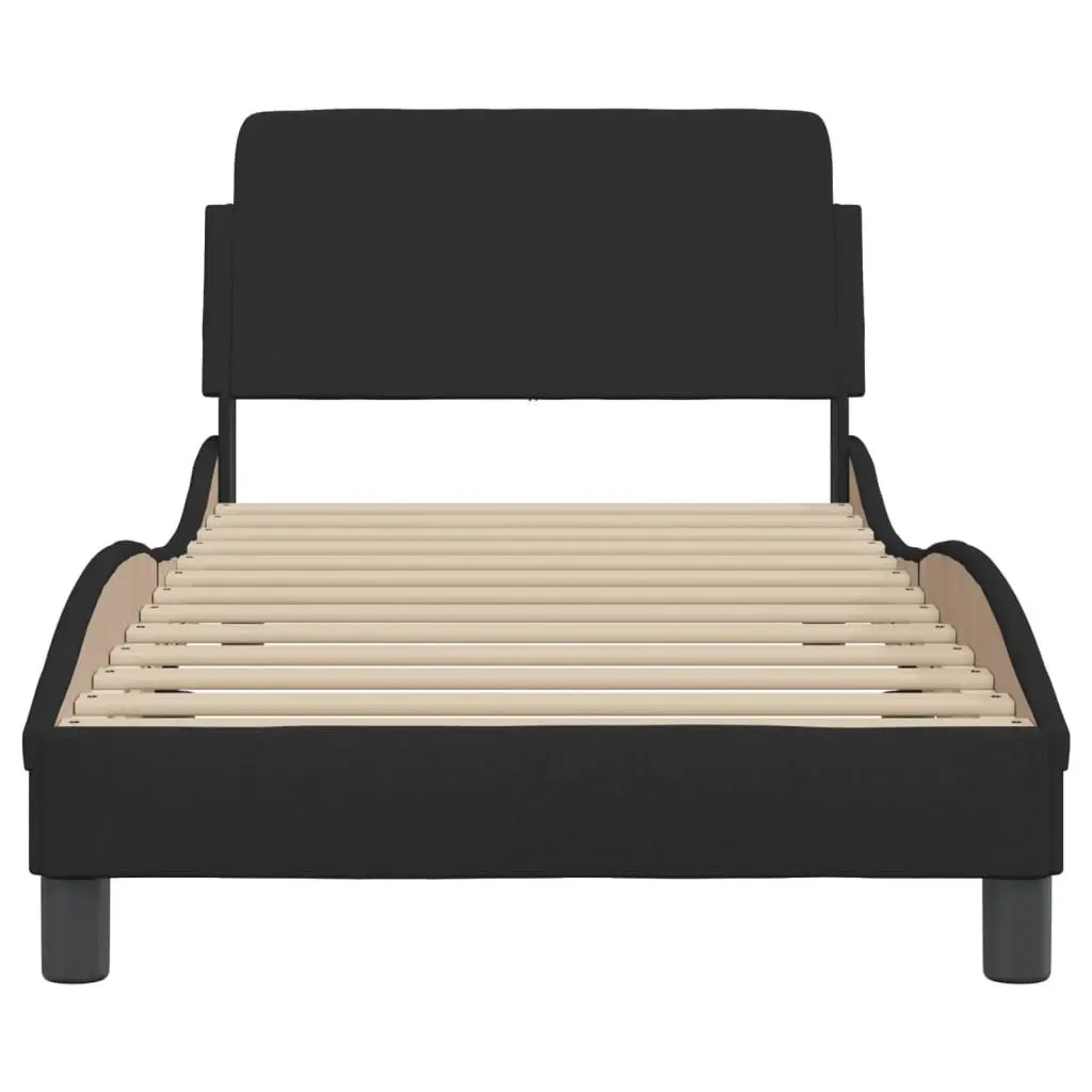 90x190 cm Bed Frame with Black Fabric Headboard and Slats