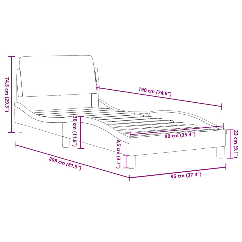 90x190 cm Bed Frame with Black Fabric Headboard and Slats