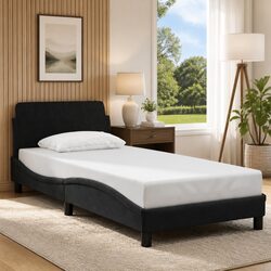 90x190 cm Grey Velvet Bed Frame with Headboard Details