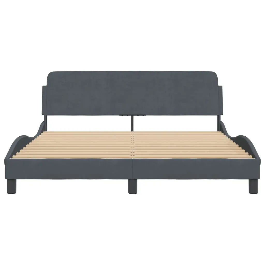 Queen Bed Frame Grey Velvet Upholstered Headboard Plywood Slats Modern Bedroom