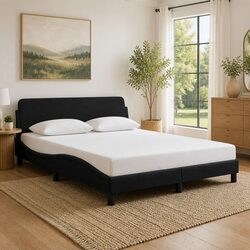 Queen Bed Frame Black Velvet Headboard Plywood Slats Modern Bedroom Furniture