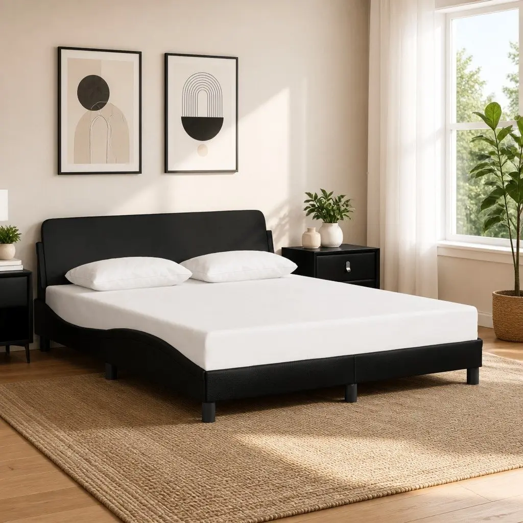 Queen Bed Frame Black Faux Leather with Headboard 152x203cm Bedroom Furniture