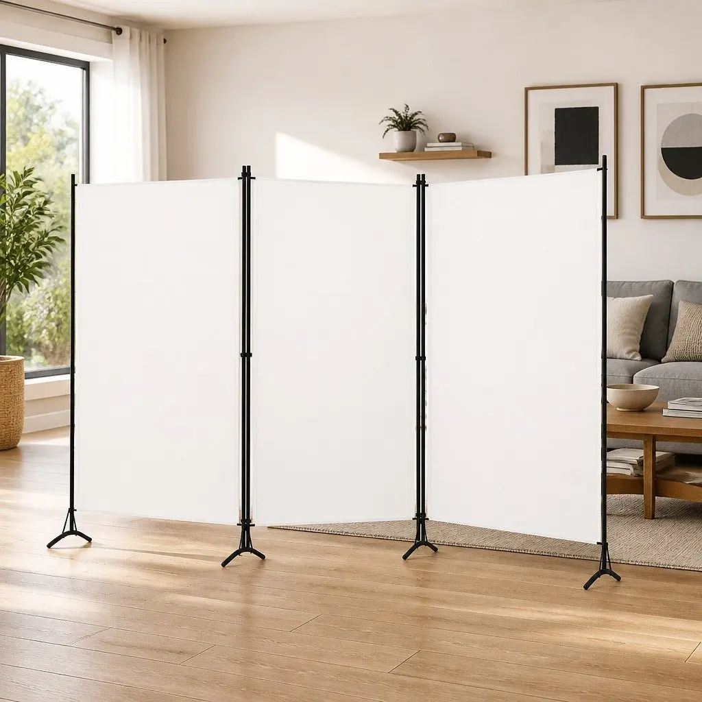 3-Panel Room Divider White Foldable Privacy Screen Partition Home Office Fabric
