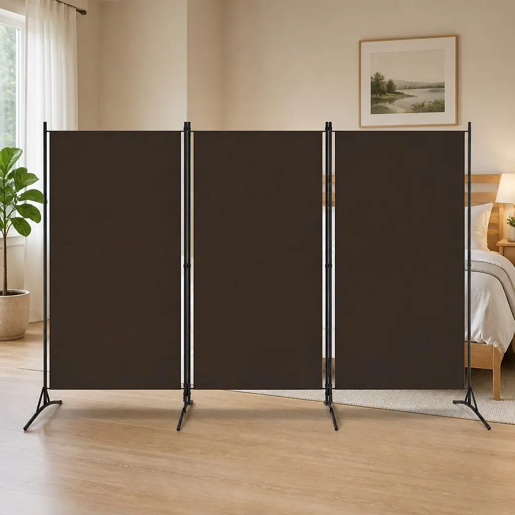 3-Panel Room Divider Folding Screen Brown Fabric 260x180 cm