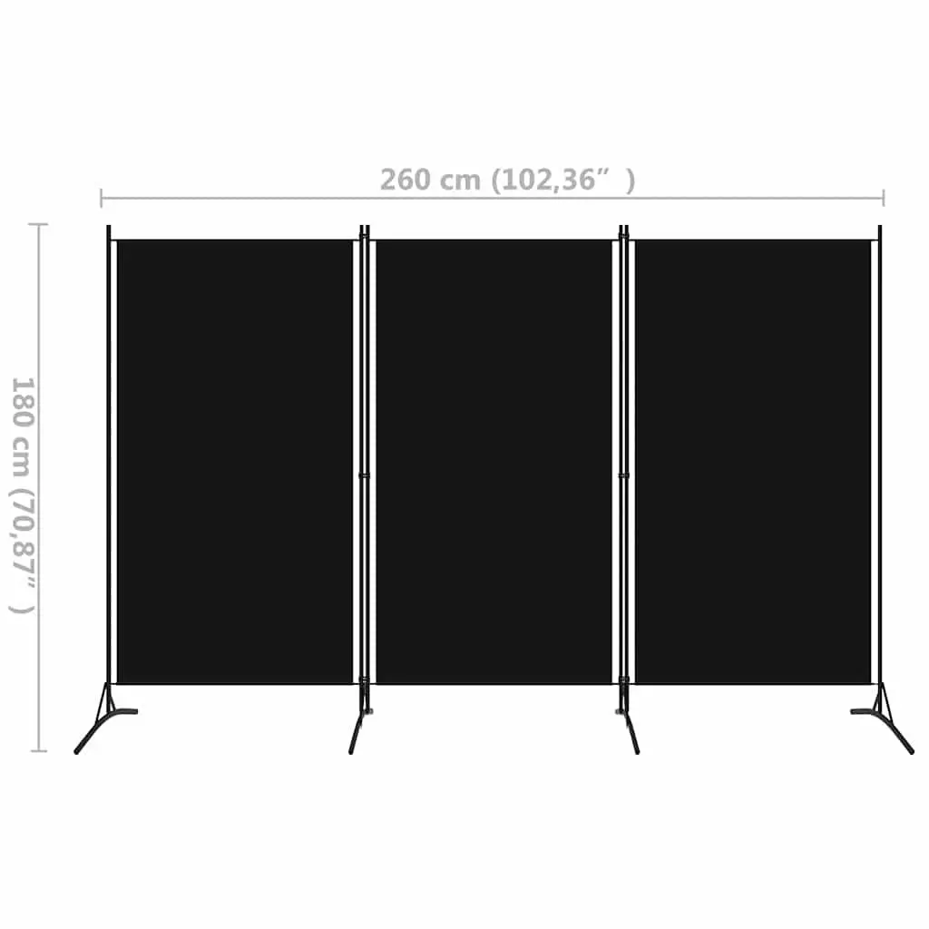 3-Panel Room Divider Black Folding Screen Fabric Partition Space Separator