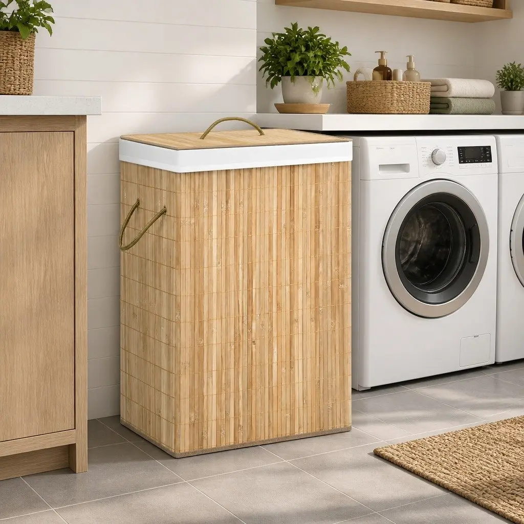 2-Compartment Bamboo Laundry Basket 72L with Fabric Liner
