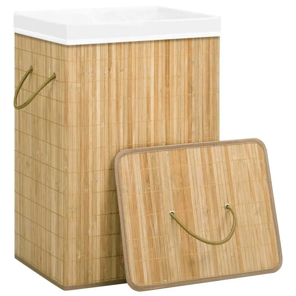2-Compartment Bamboo Laundry Basket 72L with Fabric Liner