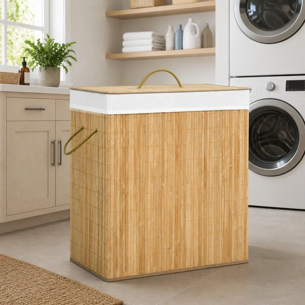 Bamboo Laundry Hamper 100L Two Section Storage Basket for Organizing Dirty Clothes in Brown Suitable for Bedroom Bathroom and Living Room