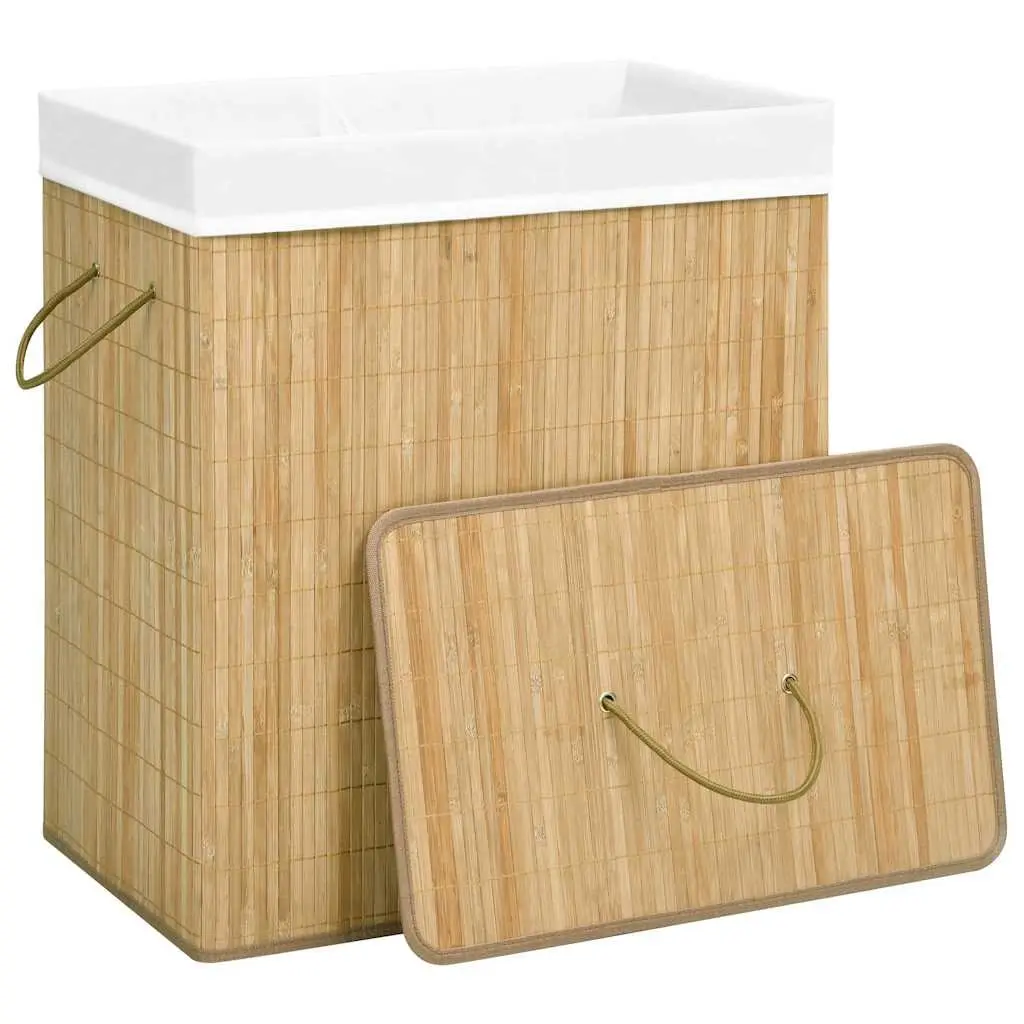 Bamboo Laundry Hamper 100L Two Section Storage Basket for Organizing Dirty Clothes in Brown Suitable for Bedroom Bathroom and Living Room