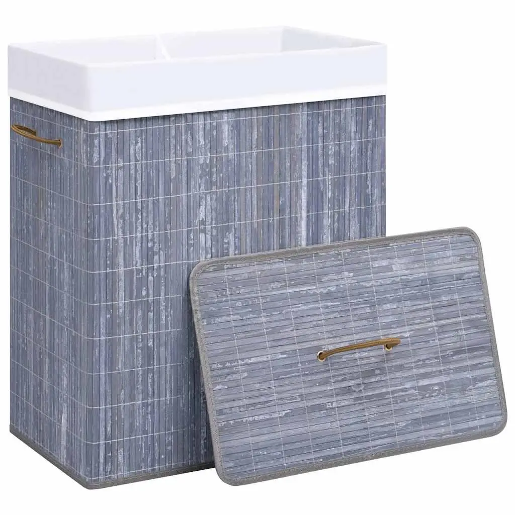 Bamboo Laundry Basket 2 Sections Grey 100L Household Storage Hamper Removable