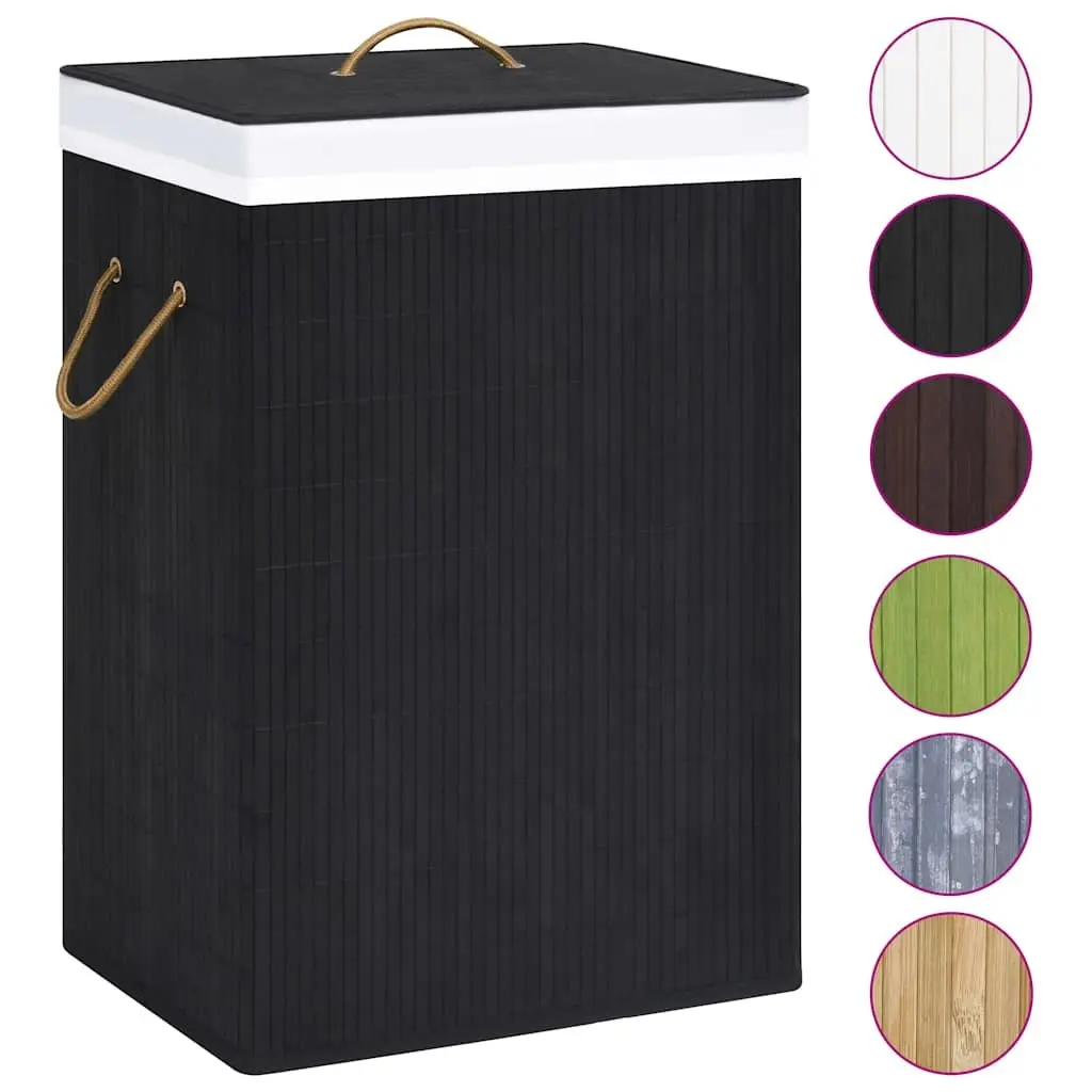 Bamboo Laundry Basket 2 Sections 72L Black Foldable Hamper with Liner Handles