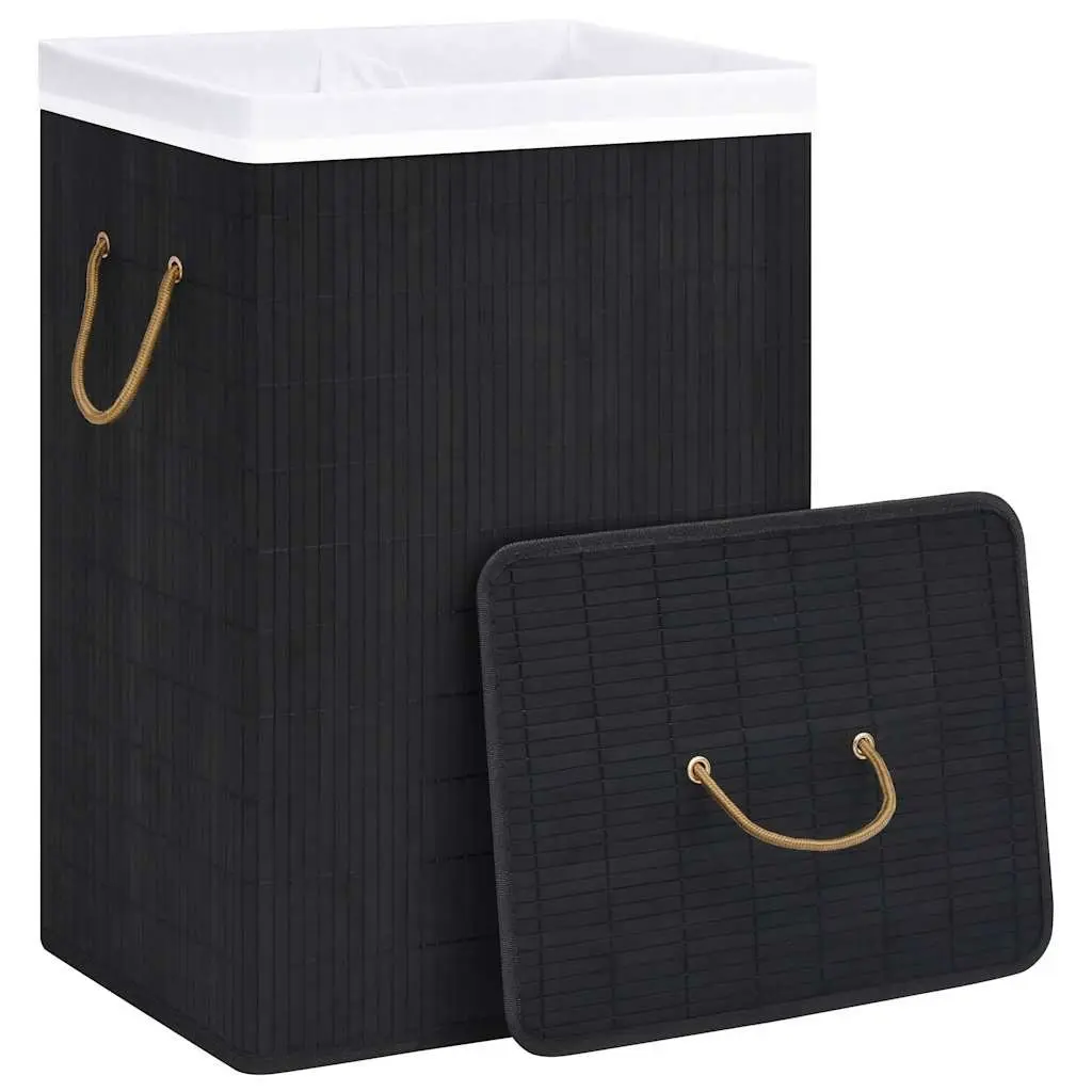 Bamboo Laundry Basket 2 Sections 72L Black Foldable Hamper with Liner Handles