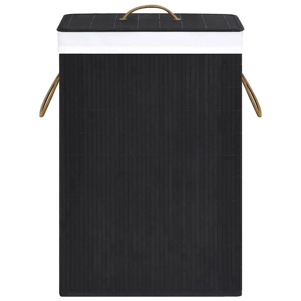 Bamboo Laundry Basket 2 Sections 72L Black Foldable Hamper with Liner Handles