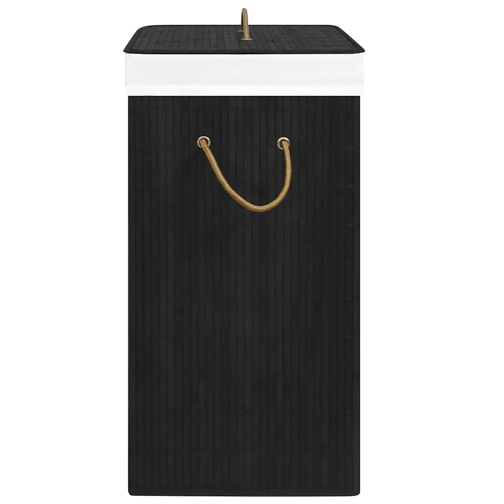 Bamboo Laundry Basket 2 Sections 72L Black Foldable Hamper with Liner Handles