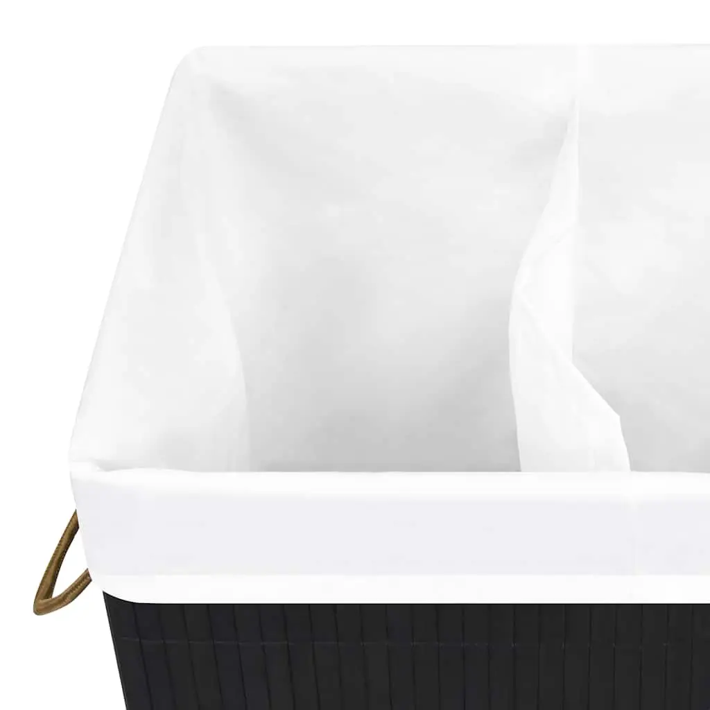 Bamboo Laundry Basket 2 Sections 72L Black Foldable Hamper with Liner Handles
