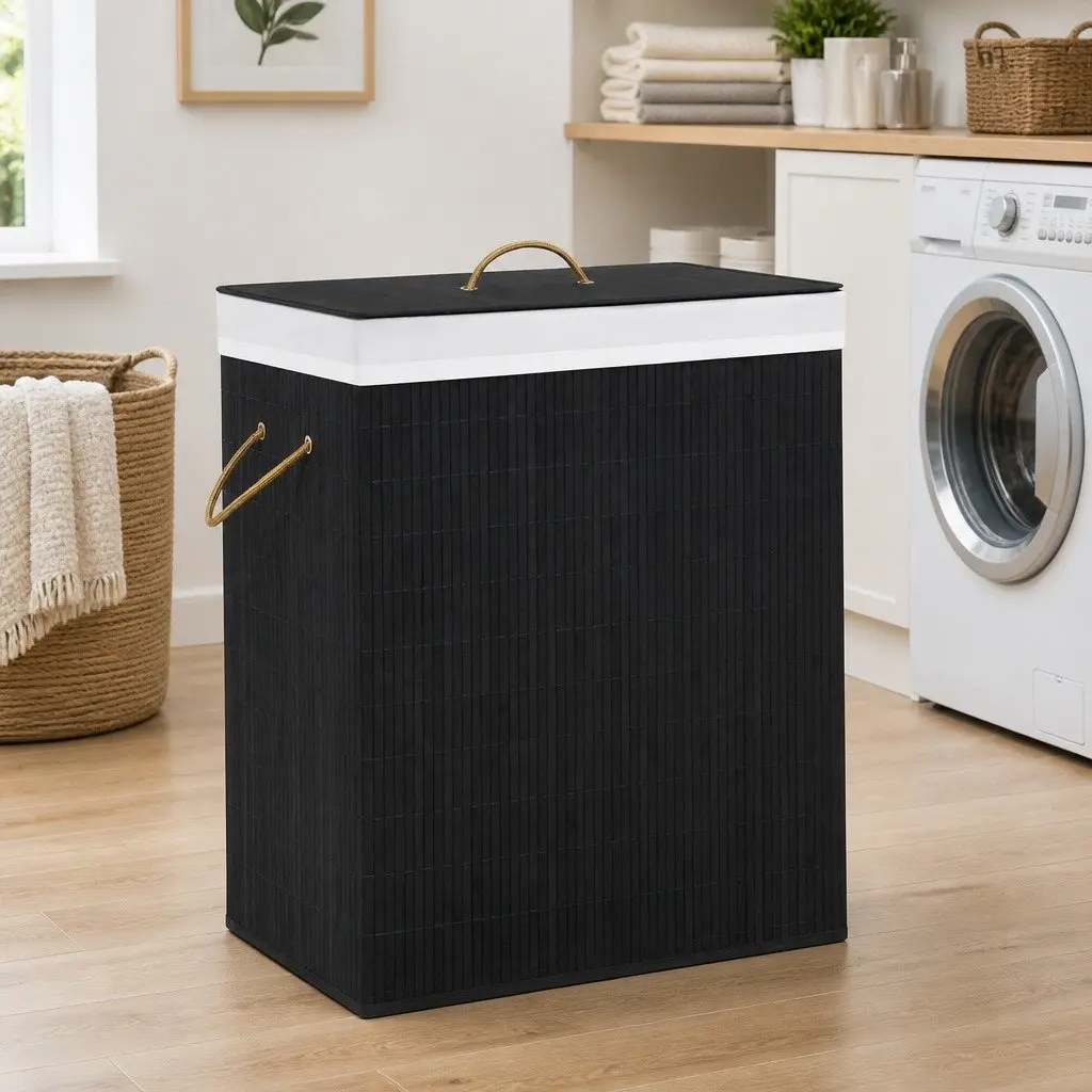 Bamboo Laundry Basket for Bedroom Bathroom Living Space 2 Sections Black Removable Liner