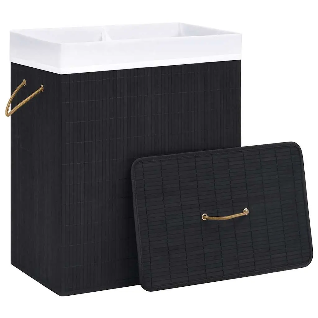 Bamboo Laundry Basket for Bedroom Bathroom Living Space 2 Sections Black Removable Liner