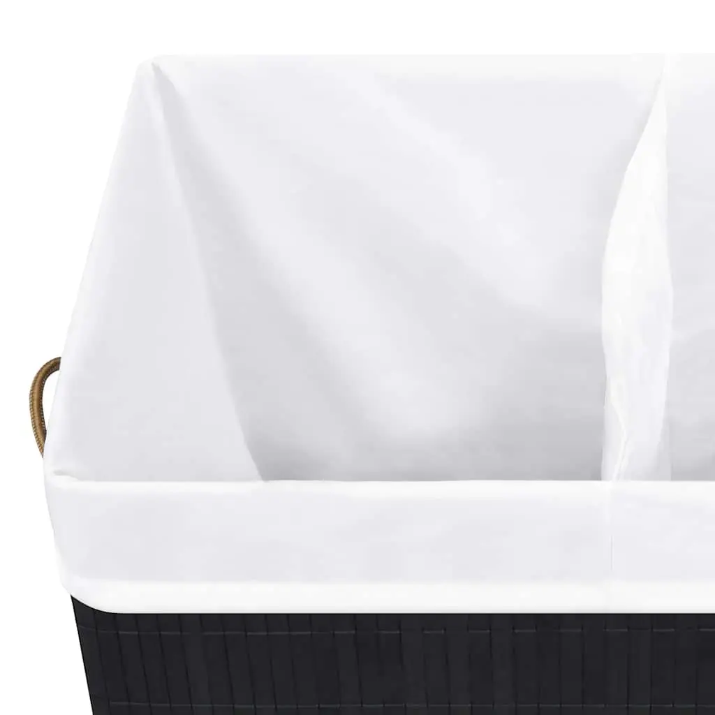 Bamboo Laundry Basket for Bedroom Bathroom Living Space 2 Sections Black Removable Liner