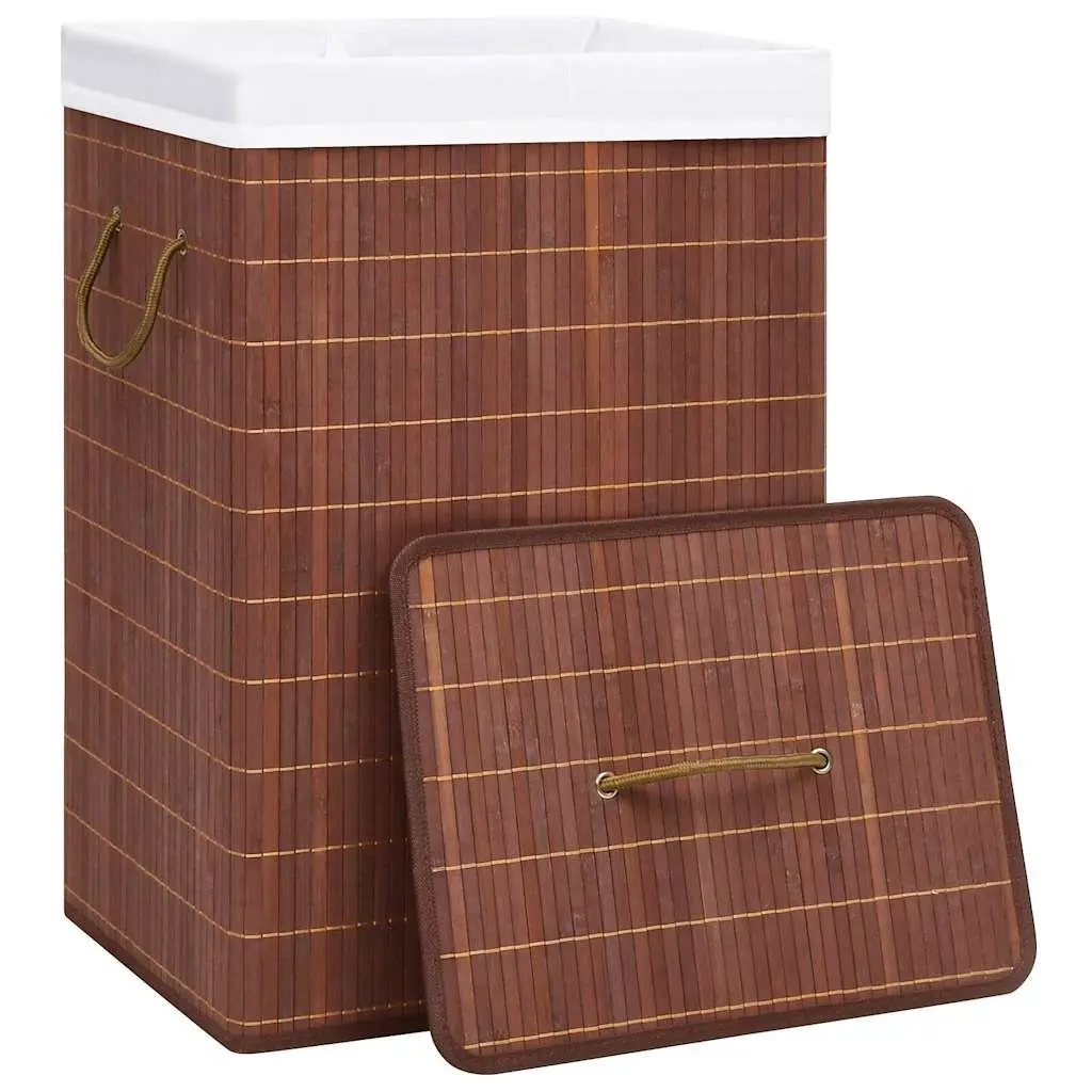 Bamboo Laundry Basket 2 Sections 72L Brown Foldable Hamper with Handles