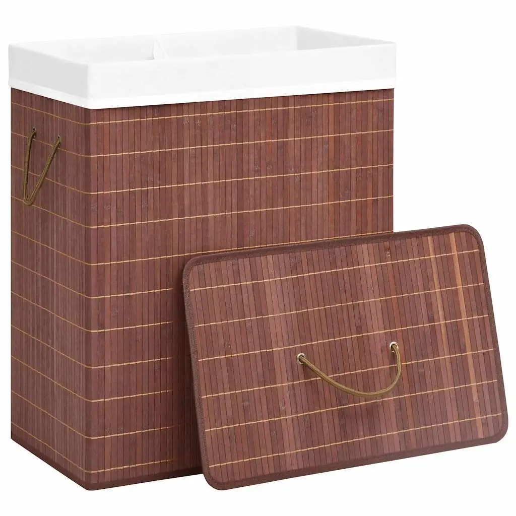 Bamboo Laundry Basket 2 Sections Brown Household Storage Organiser with Handles