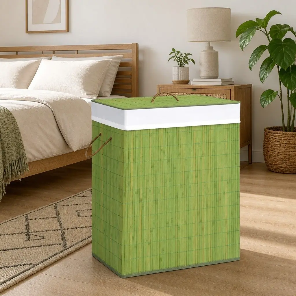 Bamboo Laundry Basket 2 Sections Green Household Organiser