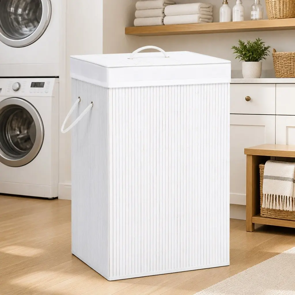 Bamboo Laundry Basket with Woven Liner, White, Foldable