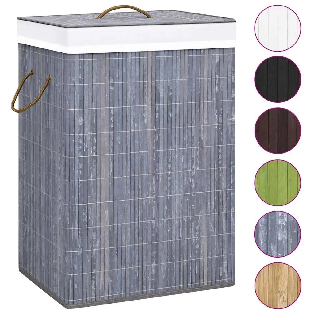 Bamboo Laundry Basket Single Section Grey Woven Fabric Liner Handles Storage