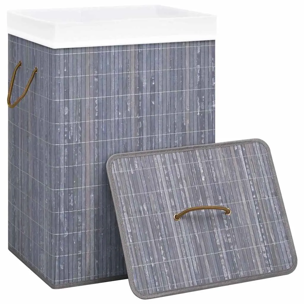 Bamboo Laundry Basket Single Section Grey Woven Fabric Liner Handles Storage