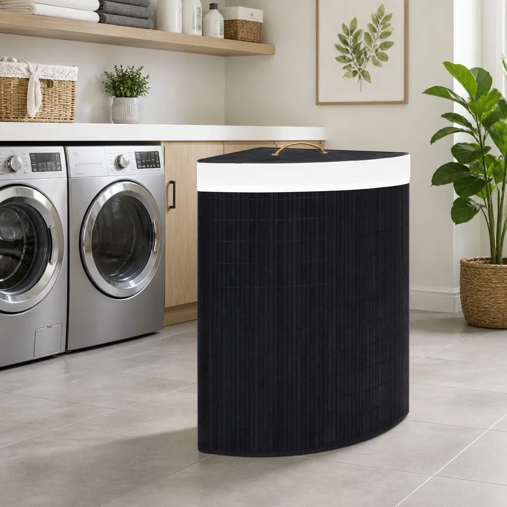 60L Bamboo Corner Laundry Basket with Handle and Liner