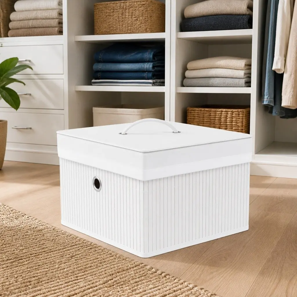 Bamboo Storage Boxes for Wardrobe and Shelf Organization White Foldable 4 Piece