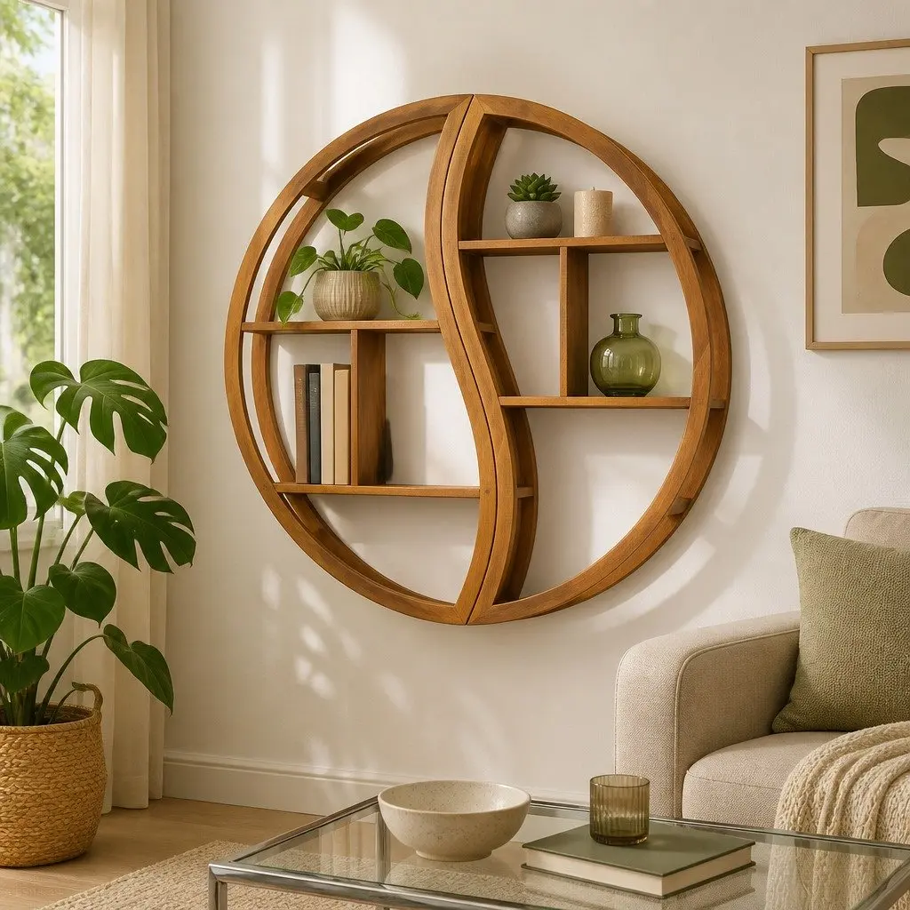 Yin Yang Wall Shelf Solid Wood Teak Storage Display Organizer 100cm Brown Home Decor